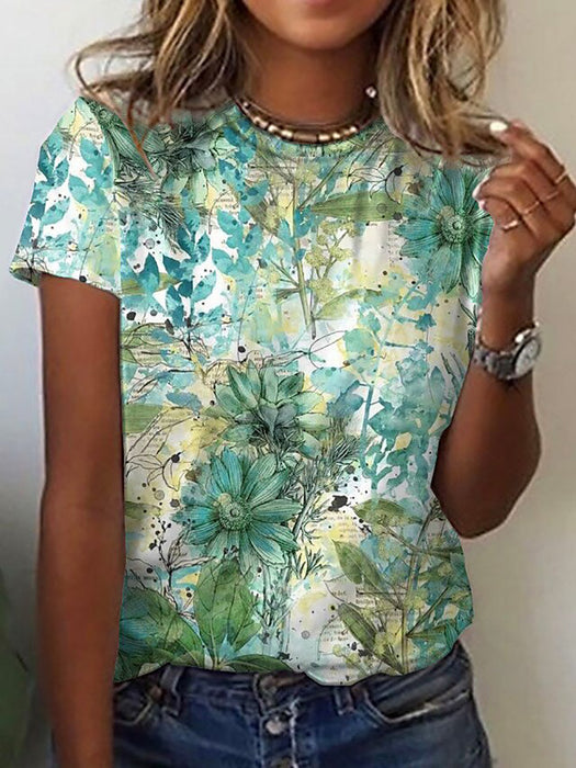 Floral Print Round Neck Short Sleeve T-shirt For Women Summer