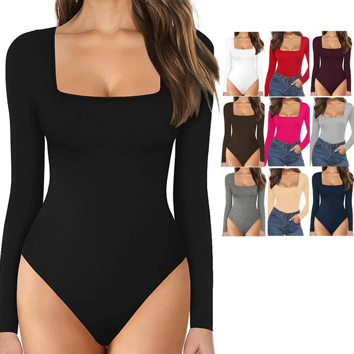 Women's Square Collar Long Sleeve Bottoming Open-end Jumpsuit