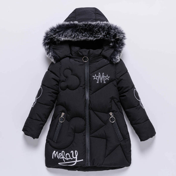 Winter Girl's Thickened Mid-length Children's Large Fur Collar Cotton-padded Jacket