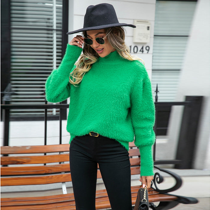 Women's Fashionable Simple Solid Color Turtleneck Plush Sweater