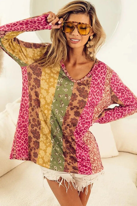 Leopard Print Printed Long-sleeved Top Women's Slim Fit Round Neck Pullover T-shirt