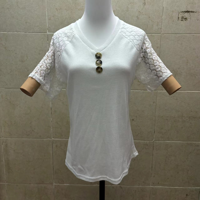 Waffle Casual Solid Color And V-neck Button Women's Pullover Lace