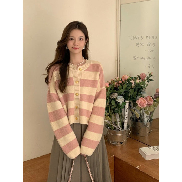 Women's Fashionable Loose Contrast Color Striped Round Neck Cardigan sweater