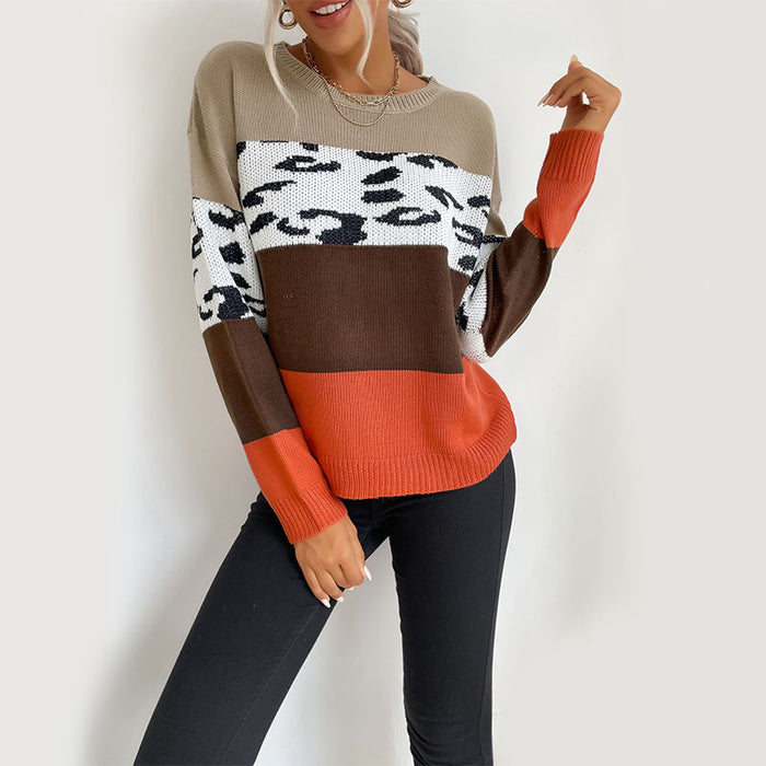 Autumn And Winter Leisure Top Leopard Print Color Matching Long Sleeve Pullover Sweater