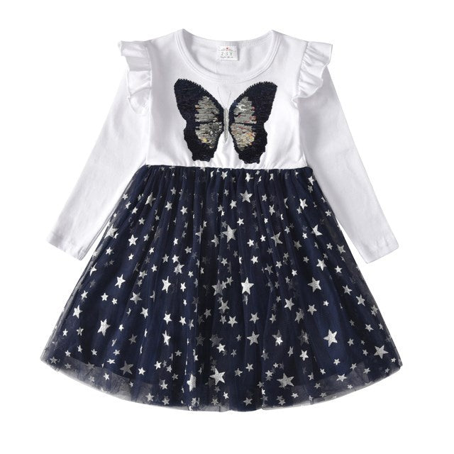 New 3-8 Girls Dress Butterfly Kids Long Sleeve Dresses Baby