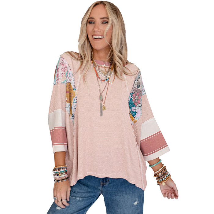 Thin Striped Color Matching Long Sleeve Casual Loose Pullover