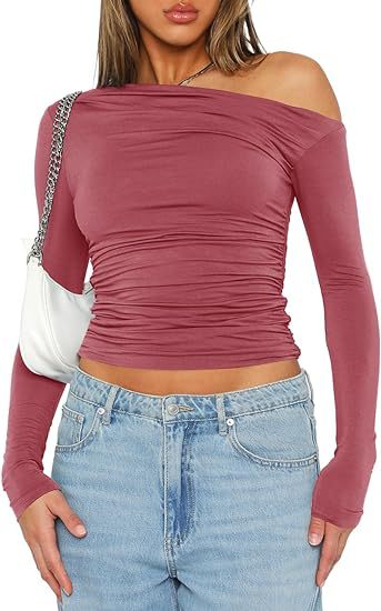 Women's Shoulder Asymmetric Solid Color Top Long Sleeve