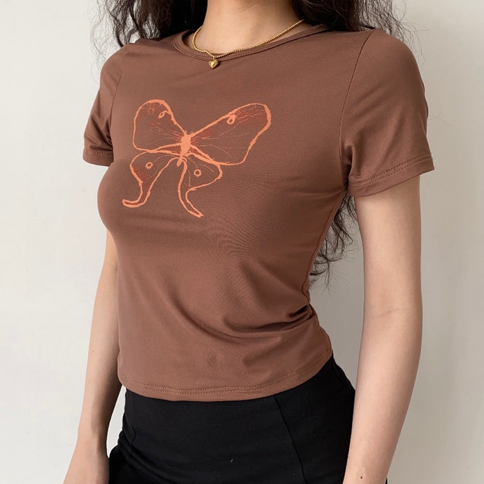 American Retro Butterfly Print Brown Short Sleeves T-shirt Women's Summer Slim Fit