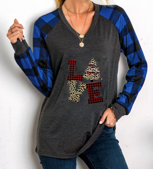 Christmas Printed Checkered V-neck Long-sleeved T-shirt Stitching