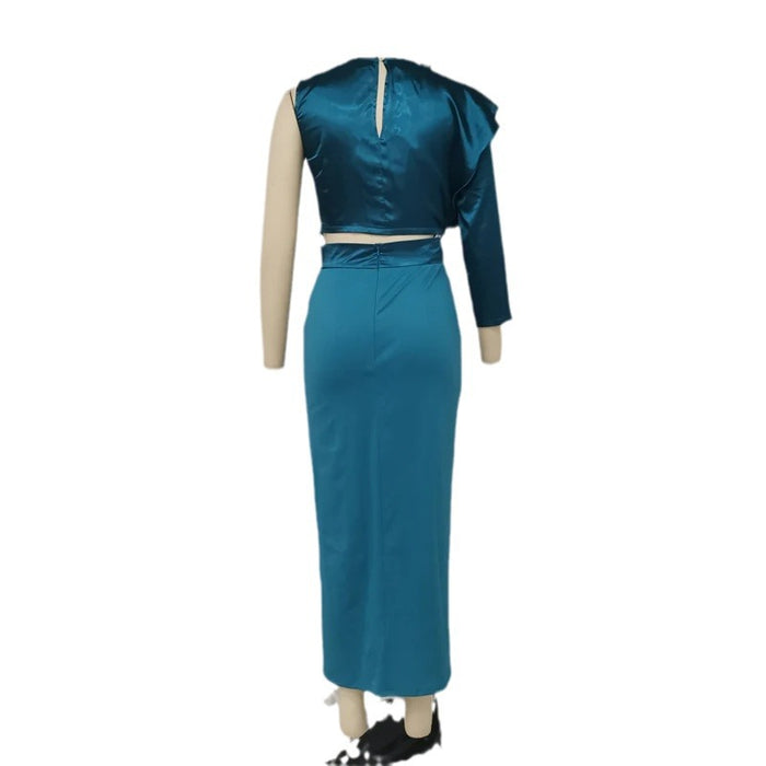 Fashion Solid Color Raglan Sleeve Top Split Skirt Suit