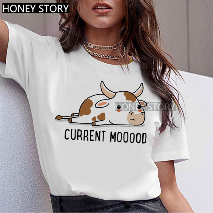 T-shirt Animal Cute Pattern Round Neck White Short-sleeve Top