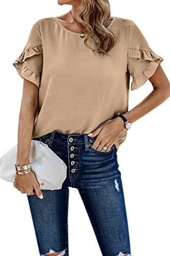 Casual Pleated Short Sleeves Summer Loose Shirt Solid Color Round Neck Shirt Waist Top