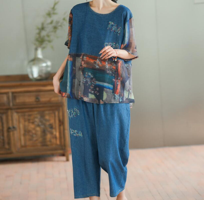 Loose Plus Size Stitching Printing Denim Suit Summer Thin Women's Casual Suit Two Fashion Sets