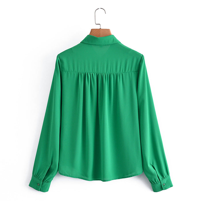 Women's Green Ruffled Lapel Long Sleeve Shirt