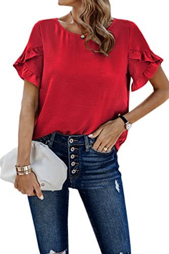 Casual Pleated Short Sleeves Summer Loose Shirt Solid Color Round Neck Shirt Waist Top