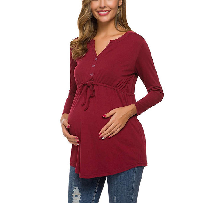 Autumn And Winter Long Sleeve V-neck Solid Color Girdle Lace-up Nursing Shirt