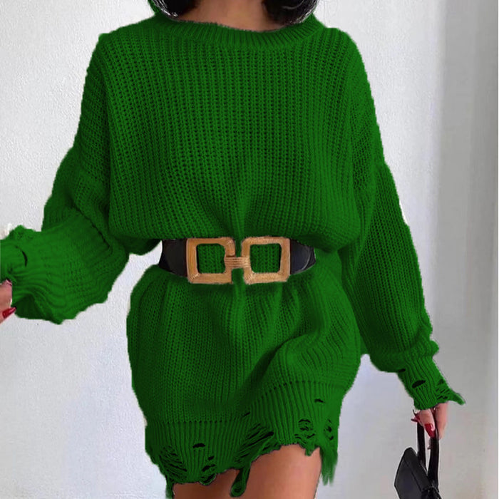 Solid Color Round Neck Long Sleeve Burrs Loose Knitted Pullover