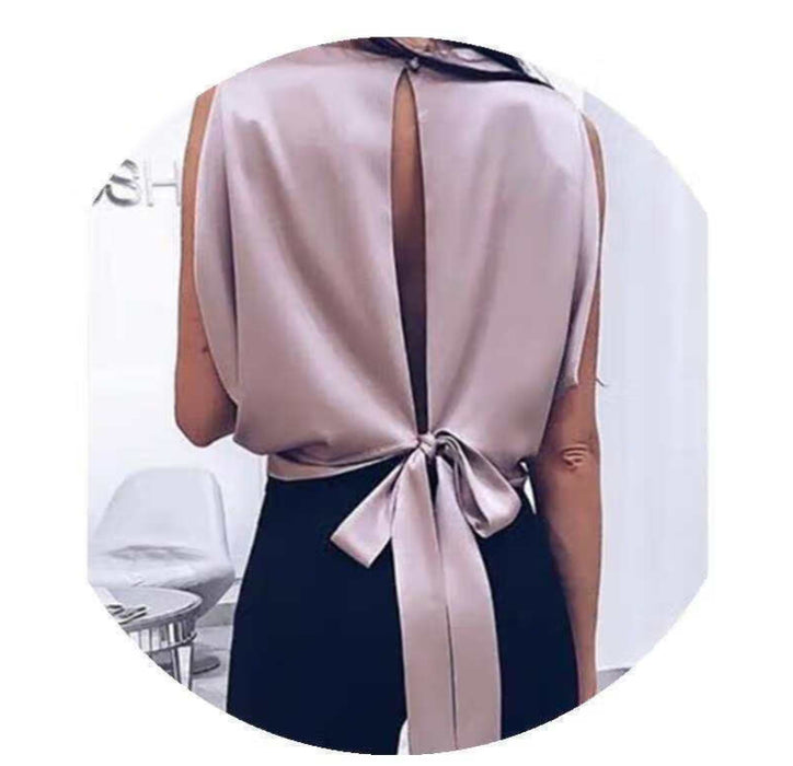 European And American Sexy Backless Tie Back Satin Top Sleeveless