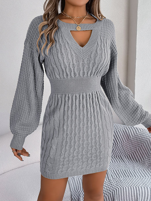 Solid Color Twist Hollow-out Lantern Sleeve Package Hip Sweater Dress