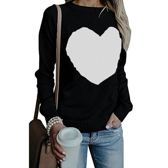 Autumn Winter Women Sweaters Heart Pattern Printed Long Sleeve Tops O-Neck Lovely Pullovers Knitted Loose Sweaters Tops