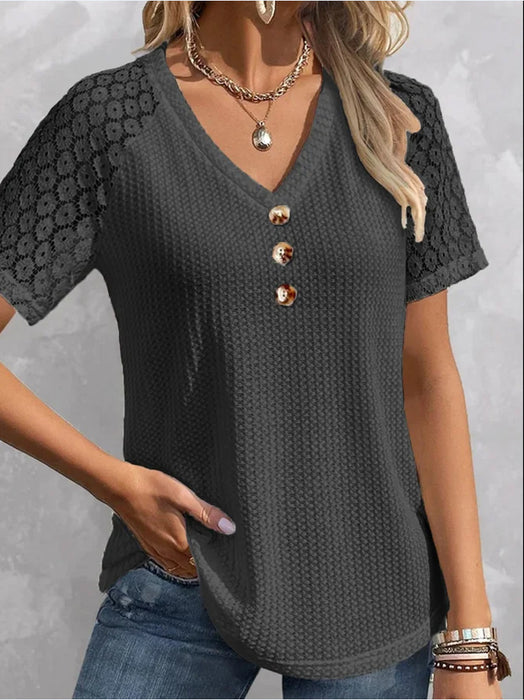 Waffle Casual Solid Color And V-neck Button Women's Pullover Lace