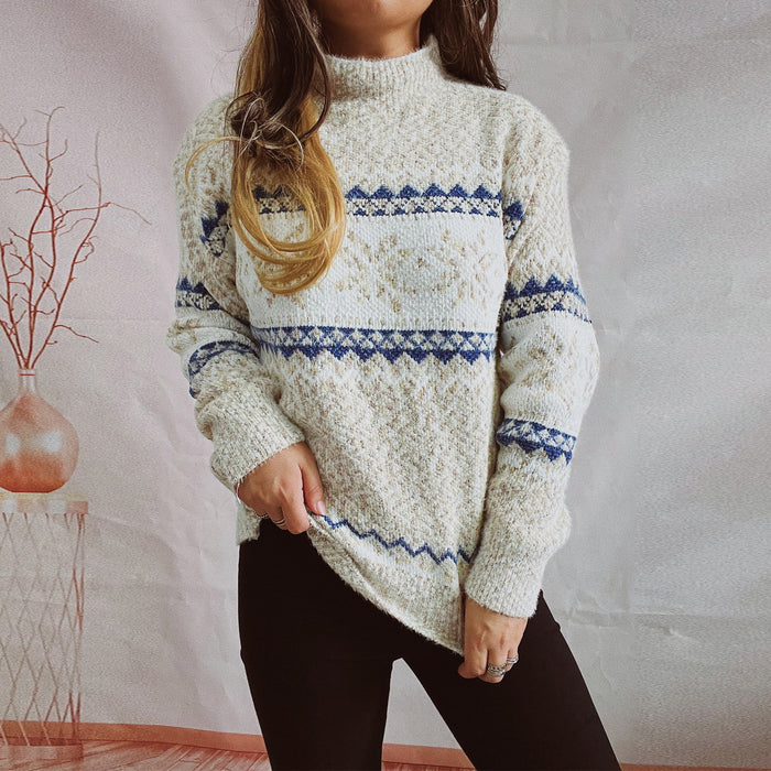 Chenille Thickened Snowflake Pattern Half-high Collar Long Sleeves Knitted Sweater