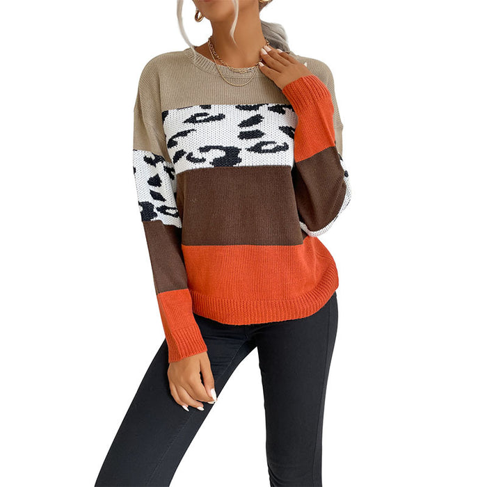 Autumn And Winter Leisure Top Leopard Print Color Matching Long Sleeve Pullover Sweater