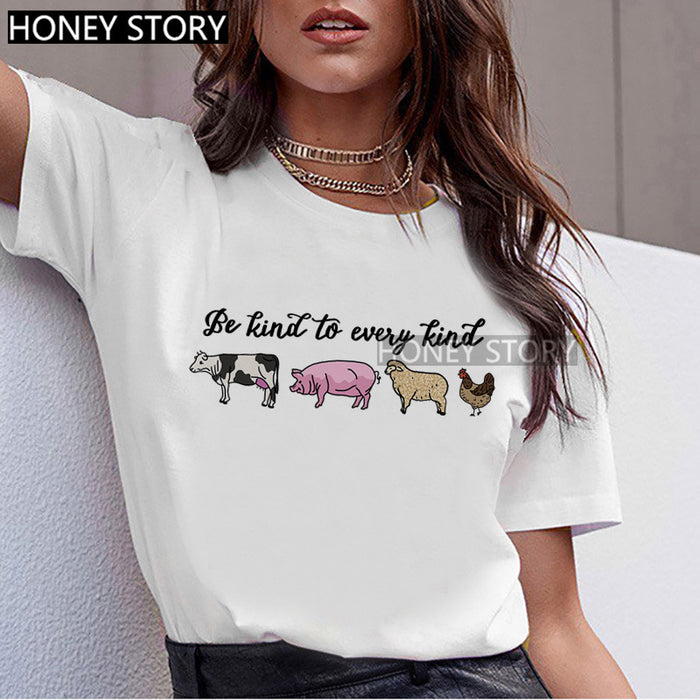 T-shirt Animal Cute Pattern Round Neck White Short-sleeve Top