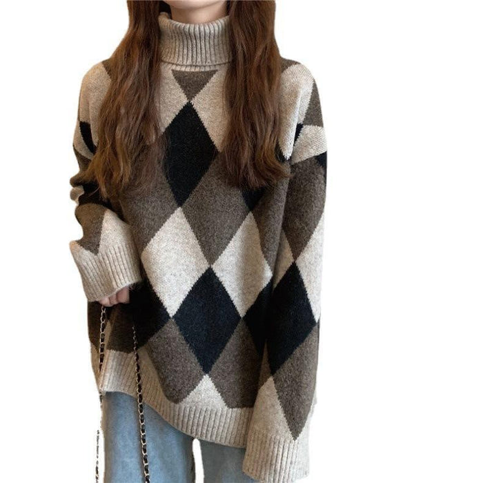 Korean Style Retro Lazy Style Diamond Plaid Colorblock Thick Warm Loose Turtleneck Sweater