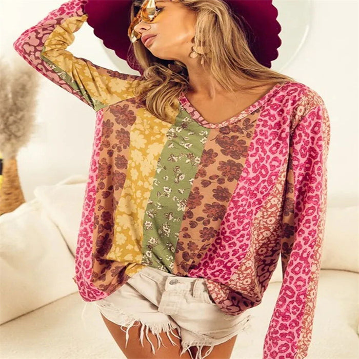 Leopard Print Printed Long-sleeved Top Women's Slim Fit Round Neck Pullover T-shirt