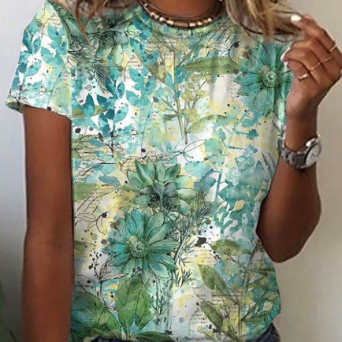 Floral Print Round Neck Short Sleeve T-shirt For Women Summer