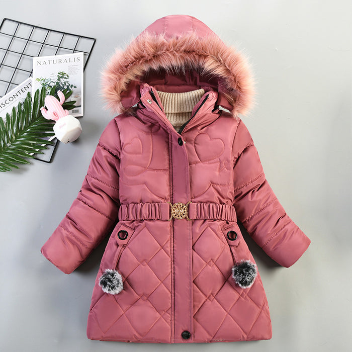 Children's Heart-shaped Rhombus Pattern Cotton-padded Coat Fur Collar Hat Coat