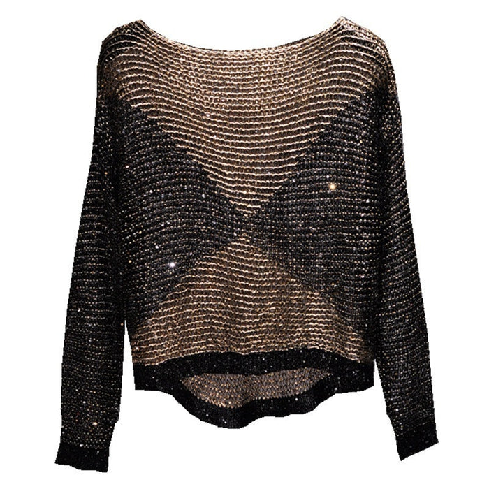 Hollow-out Sequin Loose Sweater Pullover Fil-Lumiere Underwear Blouse Long Sleeve Round