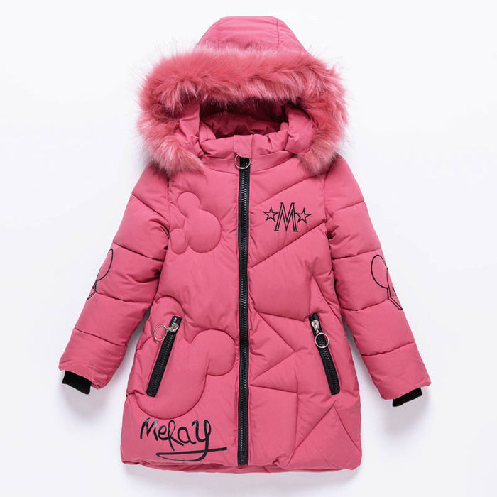 Winter Girl's Thickened Mid-length Children's Large Fur Collar Cotton-padded Jacket