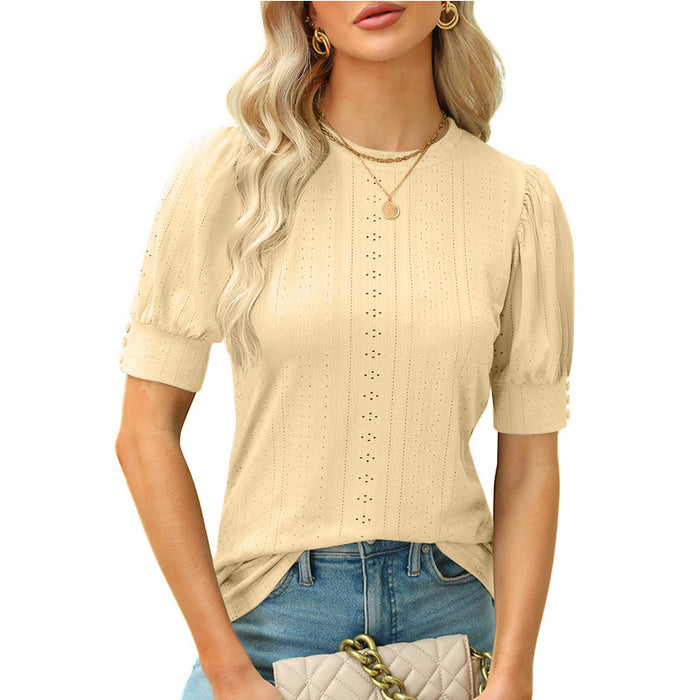 Summer Round Neck Hole Hollow-out Button Short-sleeved Casual Top