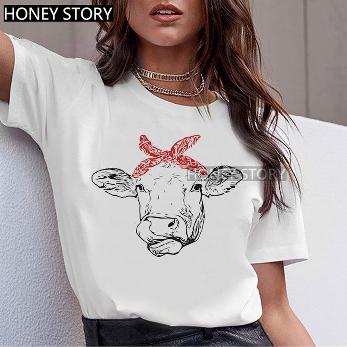 T-shirt Animal Cute Pattern Round Neck White Short-sleeve Top