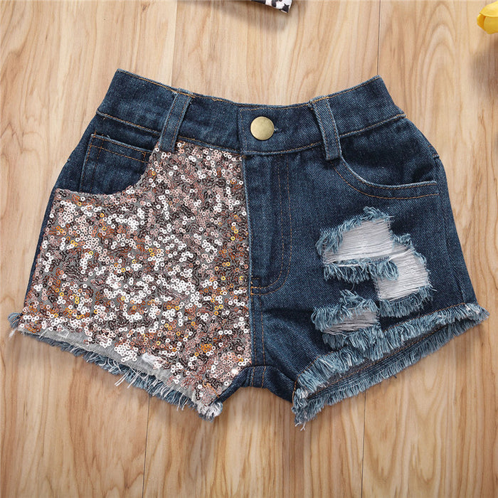 Kids Girls Top Shorts 3Pcs Suit Leopard Short Sleeve