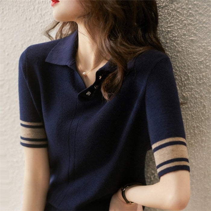 Women's Doll Collar Ice Silk Short Sleeve Knitted Top Half Mid-sleeve Bottoming Shirt