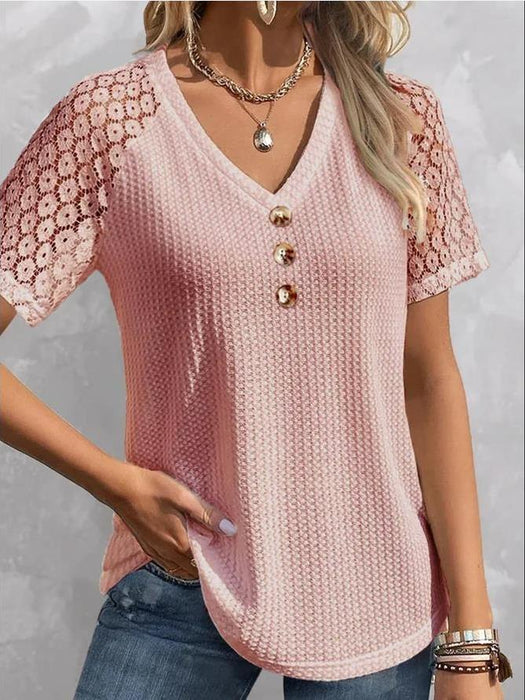 Waffle Casual Solid Color And V-neck Button Women's Pullover Lace