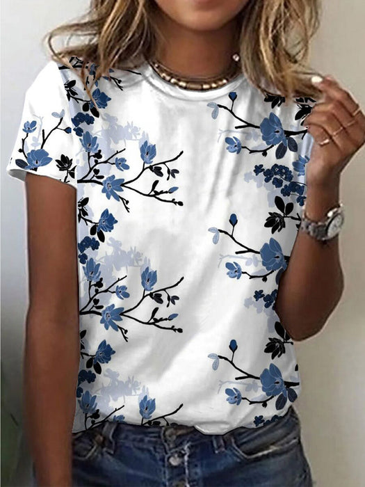 Floral Print Round Neck Short Sleeve T-shirt For Women Summer