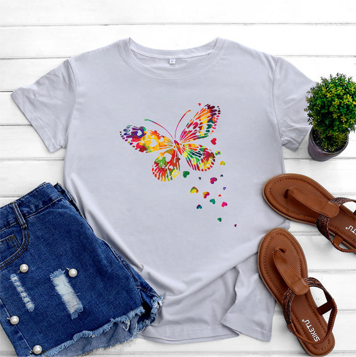 Women's Fashion Casual Heart Butterfly Printed Cotton Round Neck Short Sleeve