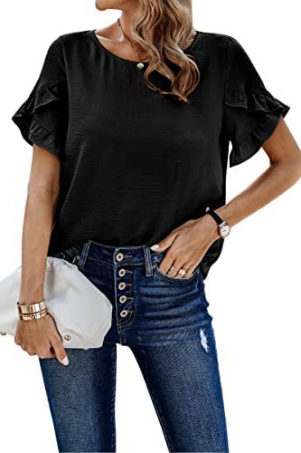 Casual Pleated Short Sleeves Summer Loose Shirt Solid Color Round Neck Shirt Waist Top