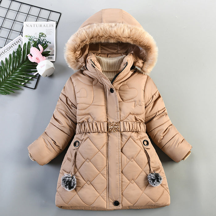 Children's Heart-shaped Rhombus Pattern Cotton-padded Coat Fur Collar Hat Coat