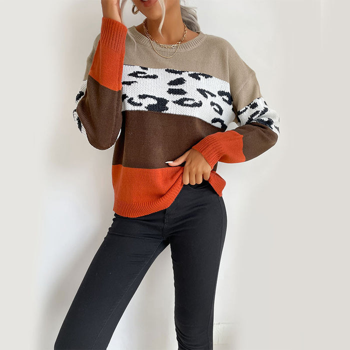 Autumn And Winter Leisure Top Leopard Print Color Matching Long Sleeve Pullover Sweater