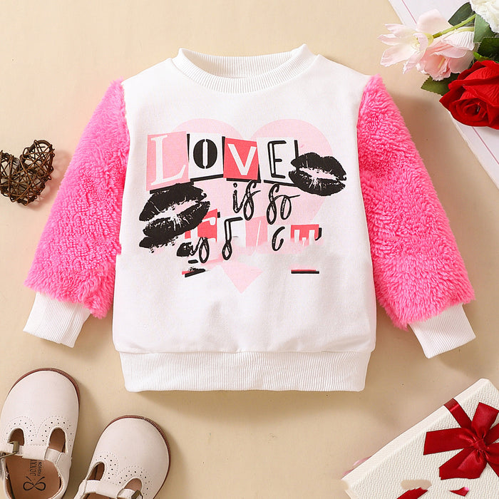 Baby Girl's White Printed English Letters Hit Fur Long Sleeve Cotton Children's T-shirt