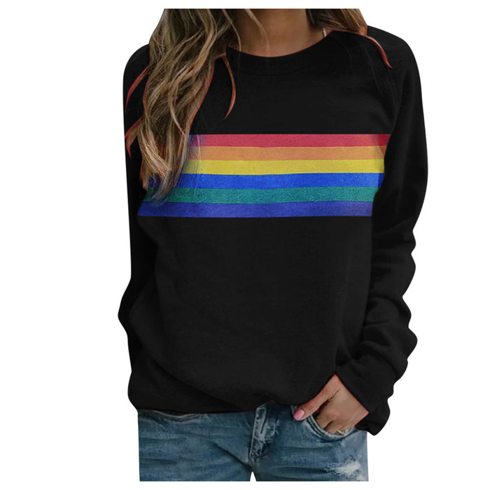 Color Striped Print Round Neck Pullover Long Sleeve Sweater