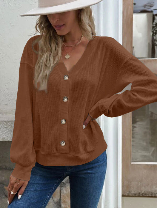 Solid Color Buttons V-neck Loose Long-sleeved T-shirt