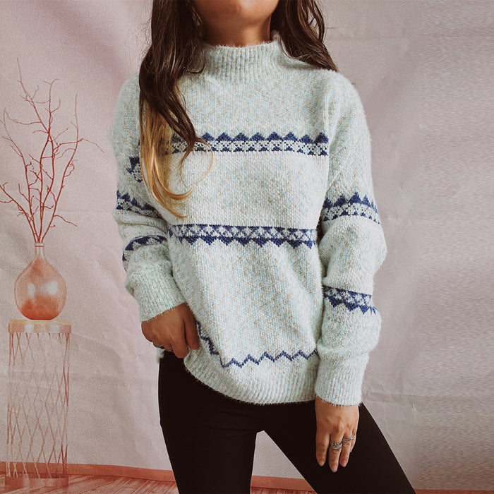 Chenille Thickened Snowflake Pattern Half-high Collar Long Sleeves Knitted Sweater