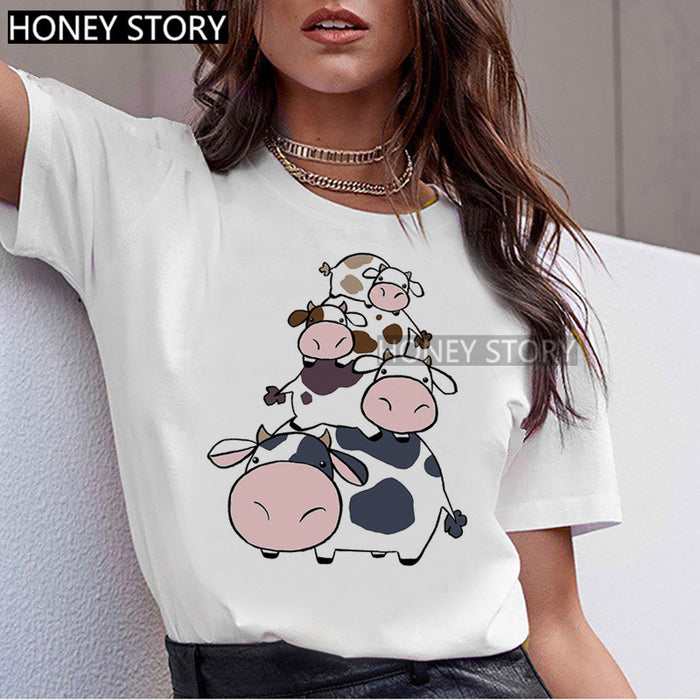 T-shirt Animal Cute Pattern Round Neck White Short-sleeve Top