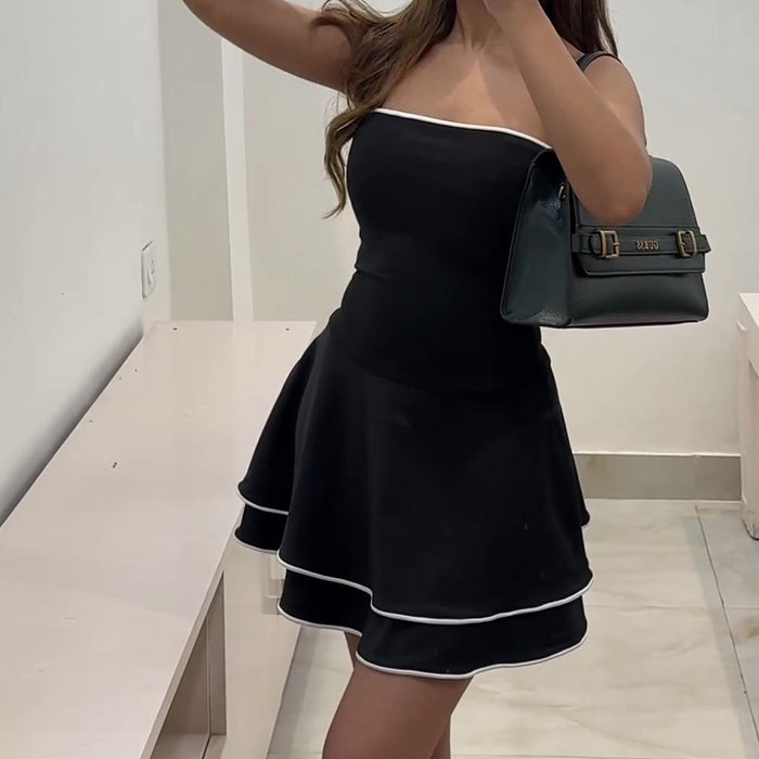 Black Sleeveless Dress Summer Spring Fashion Tube Ruffle Skirt With White Edge Mini Dress